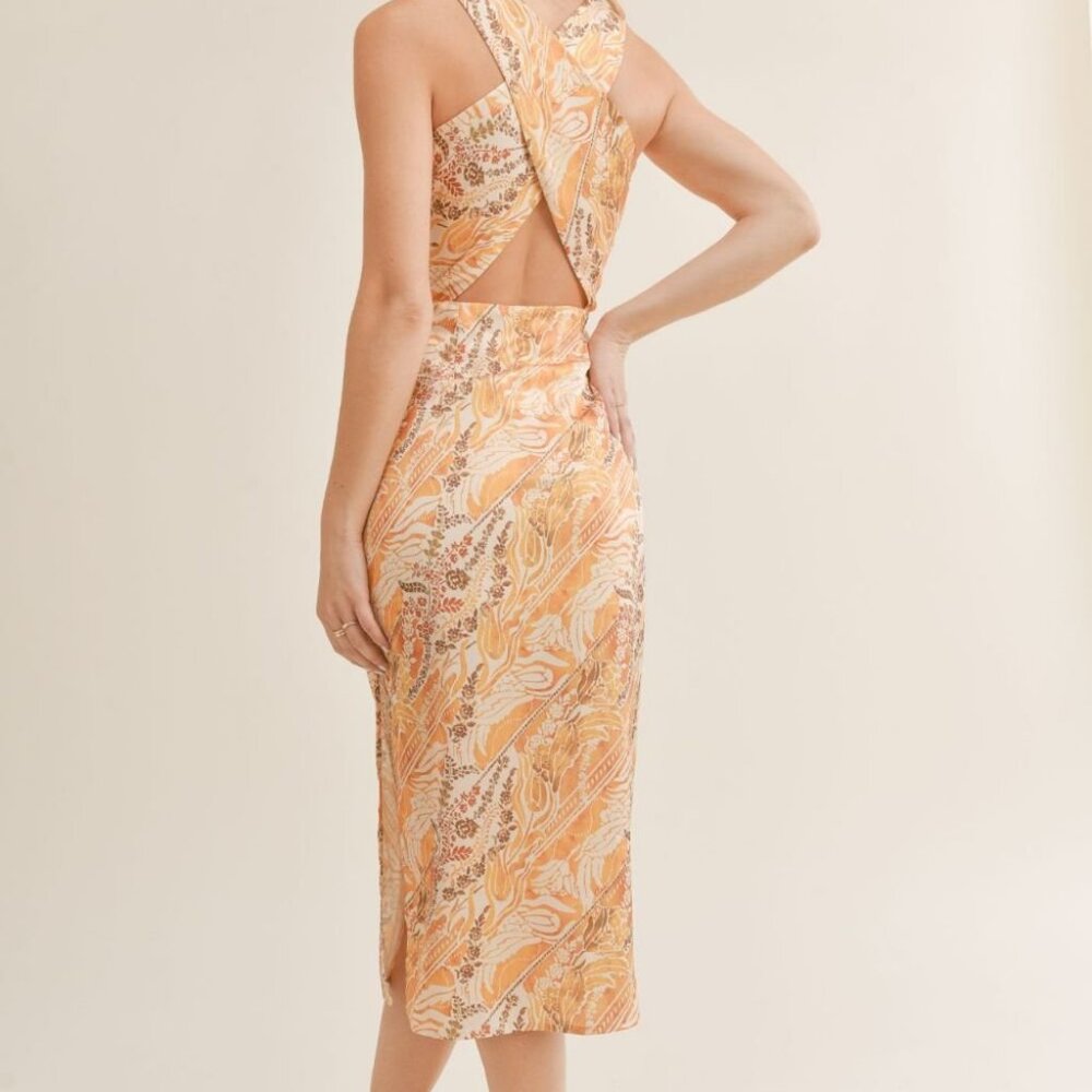 Women's Satin Criss Cross Midi Dress | Sage The Label | Yellow Multi
